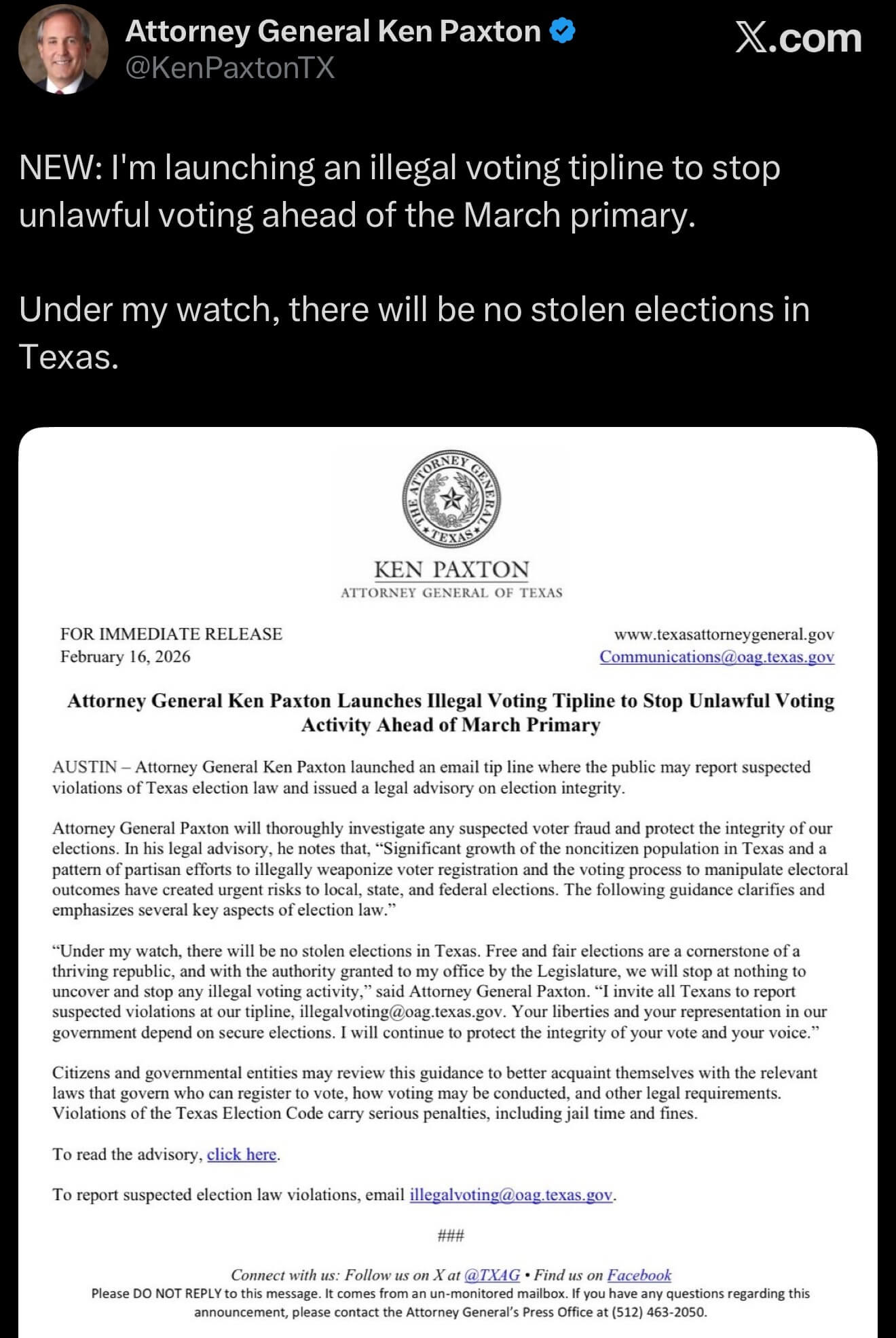 Attorney General Ken Paxton Launches Illegal Voting Tipline to Stop Unlawful Voting Activity Ahead of March Primary
